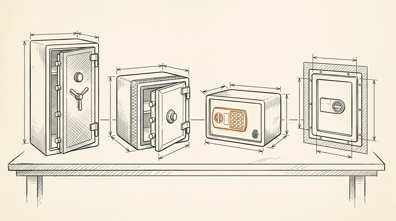 Illustration of four kinds of home safes side by side: gun safe, document box, handgun safe and wall safe